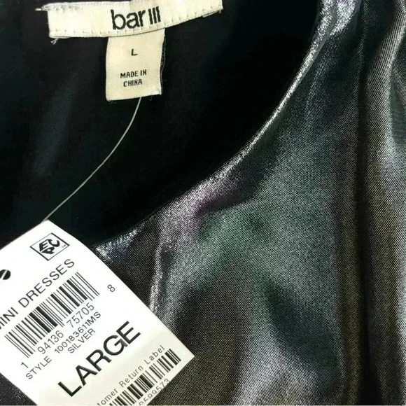 NWT Bar III Metallic Silver “80’s” Lamé Rouge Shoulder Pad Mini DressSize L - Picture 14 of 15